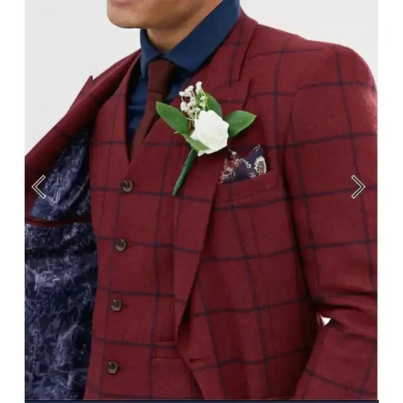 ASOS DESIGN wedding skinny suit jacket in burgundy wool mix check - Picture 3 of 8